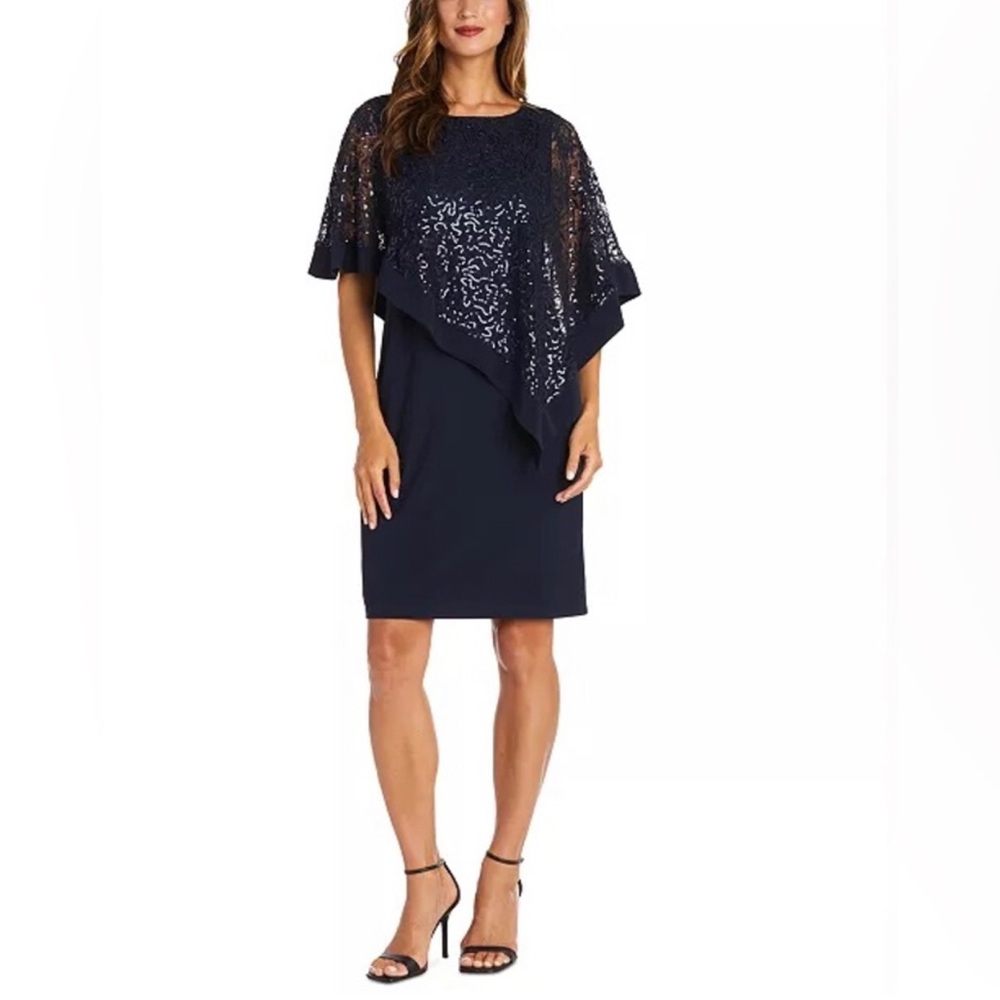 💙Elegant Dark Blue Sequin Cape Lace Overlay Sheath Cocktail Party Dress